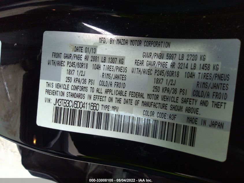 2013 MAZDA CX-9 TOURING JM3TB3CV6D0411660