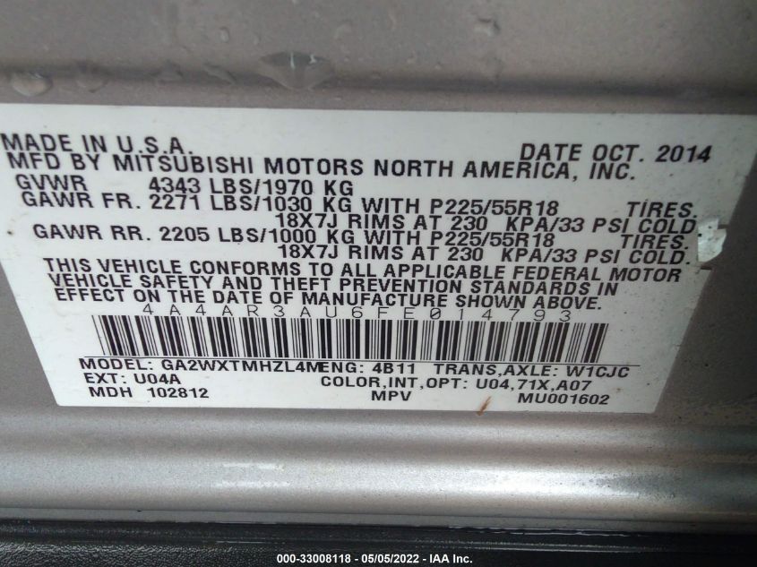 2015 MITSUBISHI OUTLANDER SPORT ES 4A4AR3AU6FE014793