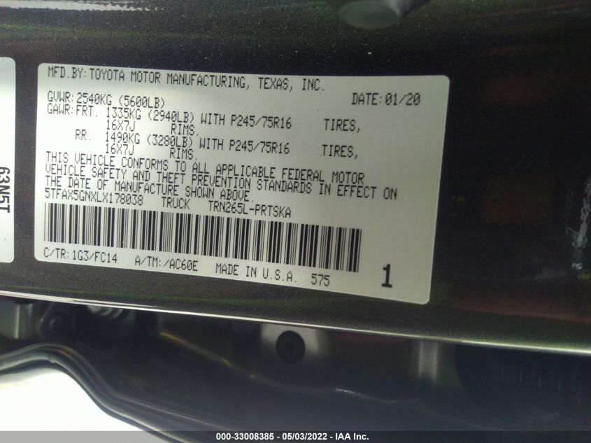 2020 TOYOTA TACOMA 2WD SR/SR5 5TFAX5GNXLX178038