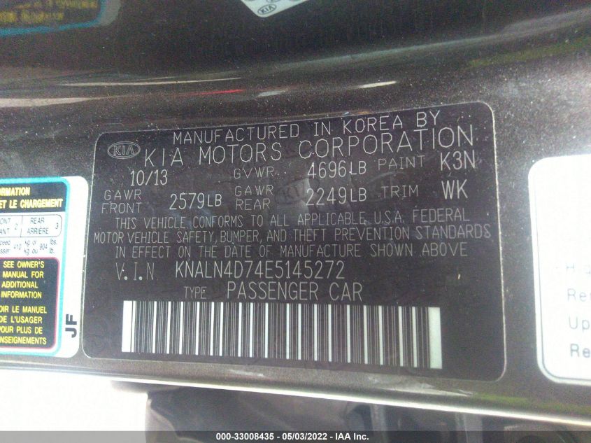 2014 KIA CADENZA LIMITED KNALN4D74E5145272