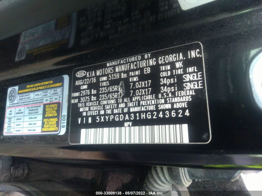 2017 KIA SORENTO LX 5XYPGDA31HG243624