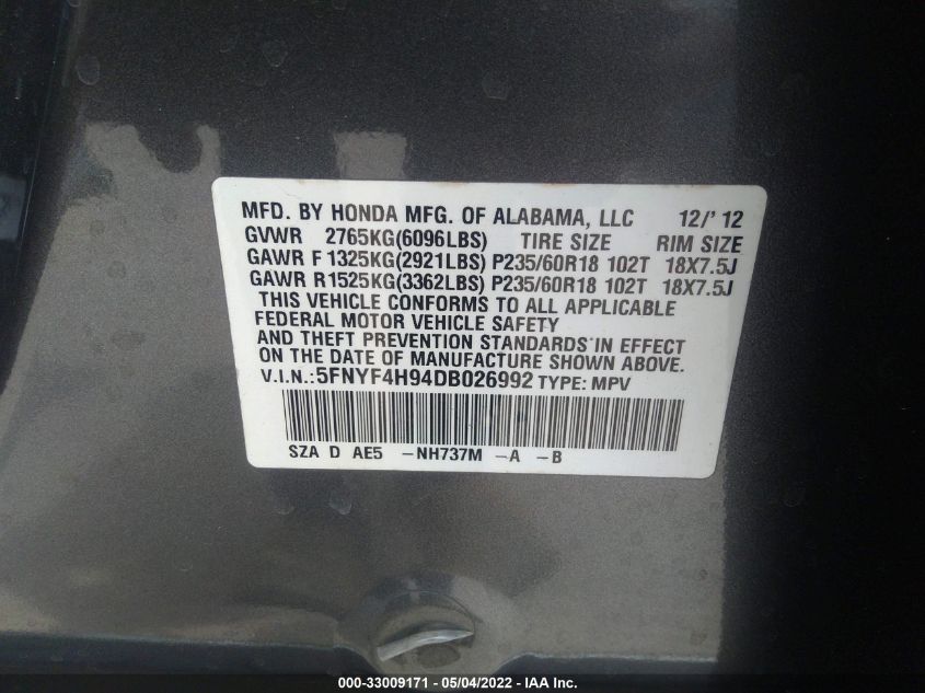 2013 HONDA PILOT TOURING 5FNYF4H94DB026992