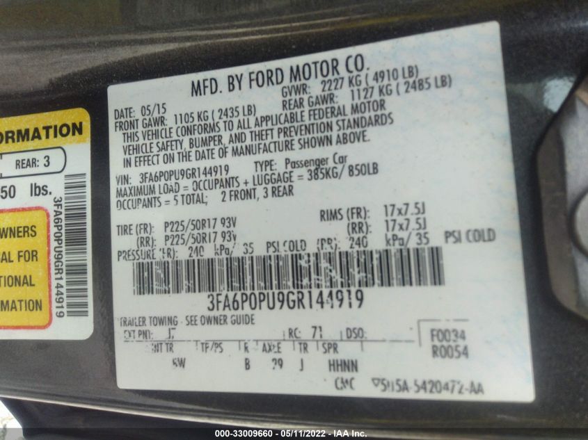 2016 FORD FUSION ENERGI SE LUXURY 3FA6P0PU9GR144919