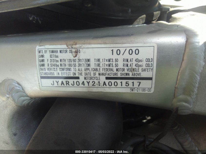 2001 YAMAHA YZFR6 L JYARJ04Y21A001517