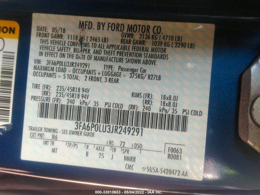 2018 FORD FUSION HYBRID SE 3FA6P0LU3JR249291