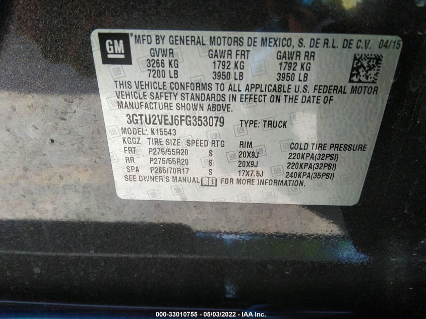 2015 GMC SIERRA 1500 SLT 3GTU2VEJ6FG353079