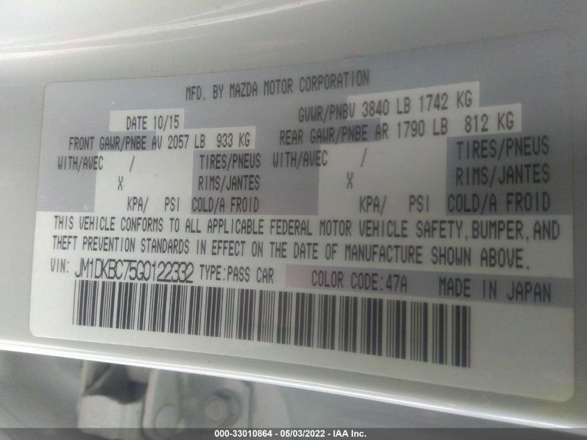2016 MAZDA CX-3 TOURING JM1DKBC75G0122332