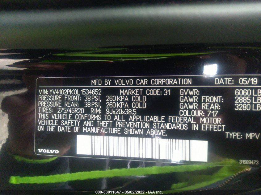2020 VOLVO XC90 MOMENTUM YV4102PK0L1534652