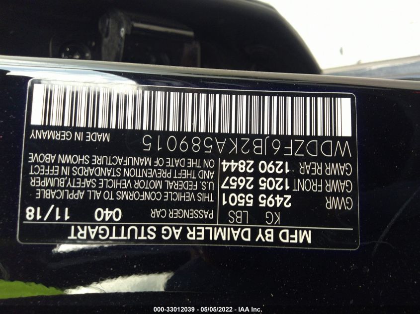 2019 MERCEDES-BENZ E-CLASS E 450 WDDZF6JB2KA589015