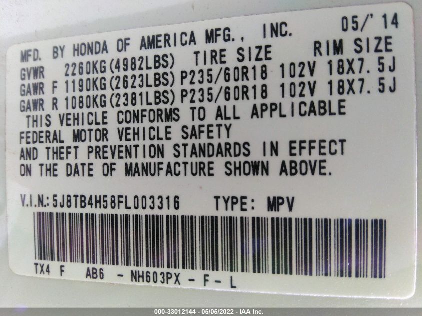 2015 ACURA RDX TECH PKG 5J8TB4H58FL003316