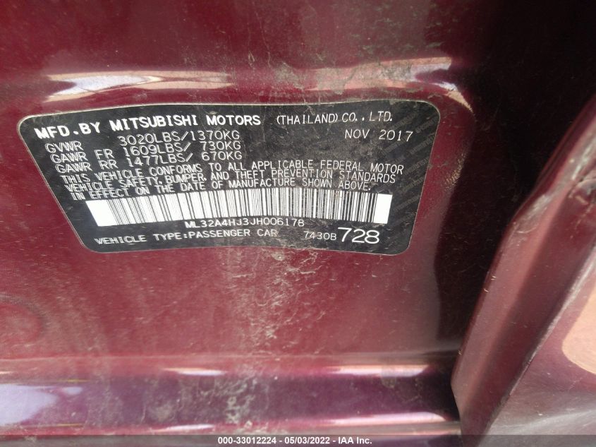 2018 MITSUBISHI MIRAGE SE ML32A4HJ3JH006178