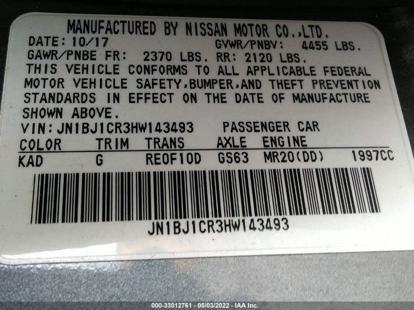 2017 NISSAN ROGUE SPORT SL JN1BJ1CR3HW143493