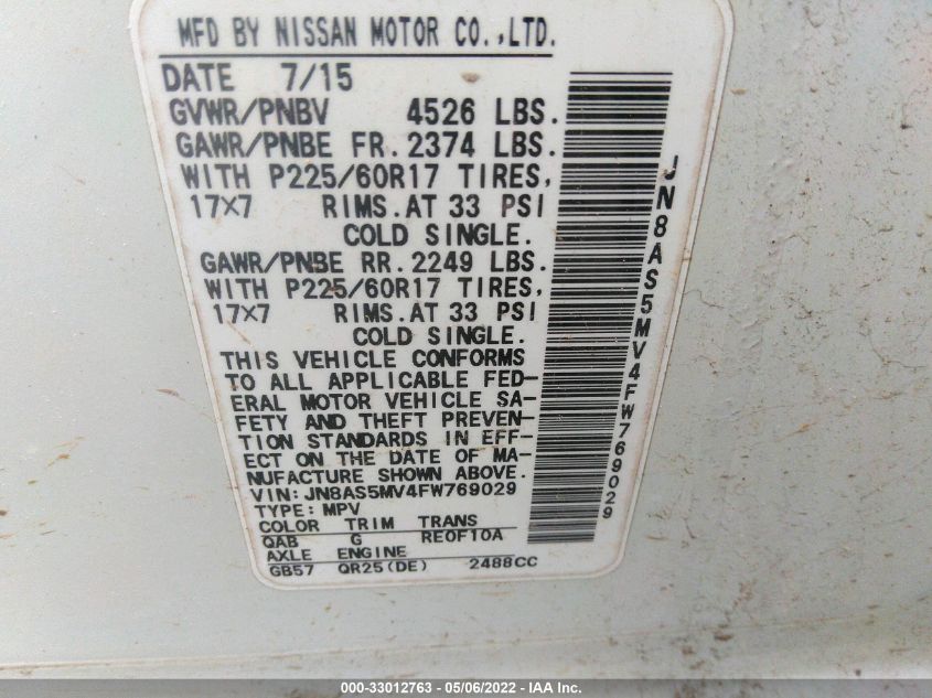 2015 NISSAN ROGUE SELECT S JN8AS5MV4FW769029