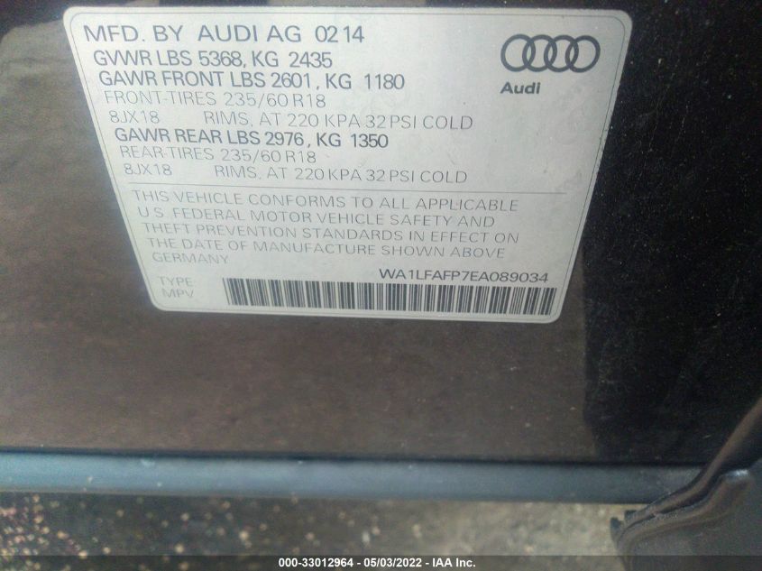 2014 AUDI Q5 PREMIUM PLUS WA1LFAFP7EA089034