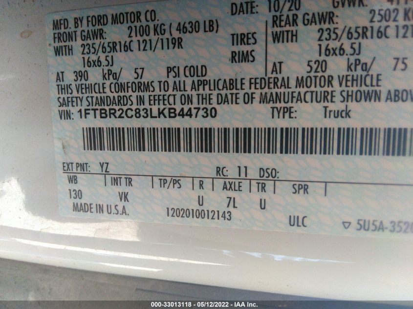 2020 FORD TRANSIT CARGO VAN 1FTBR2C83LKB44730