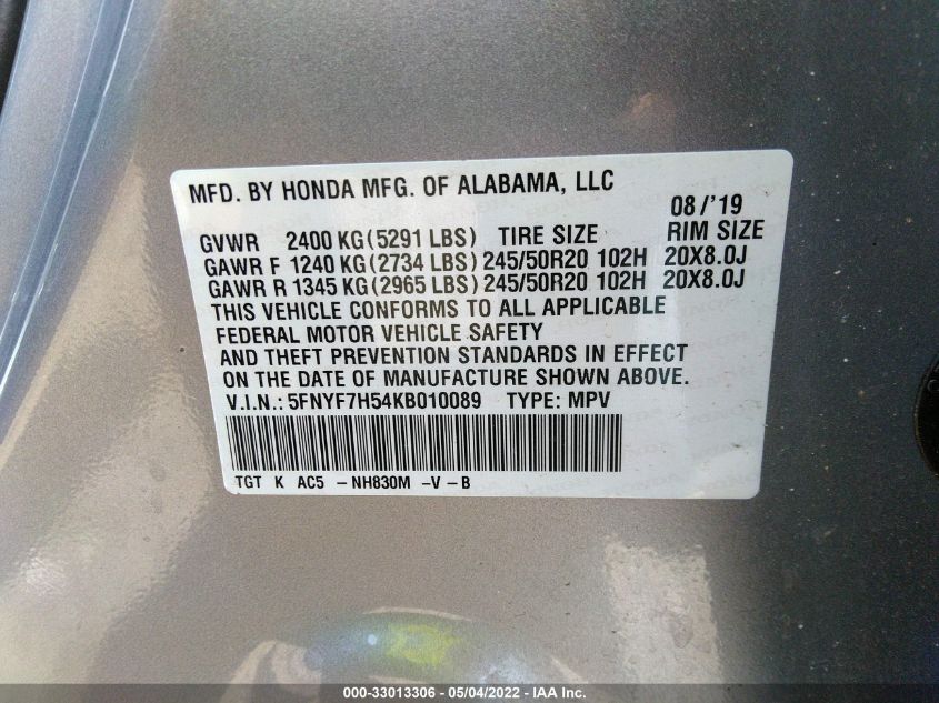 2019 HONDA PASSPORT EX-L 5FNYF7H54KB010089
