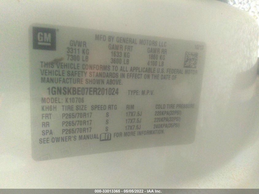 2014 CHEVROLET TAHOE LT 1GNSKBE07ER201024
