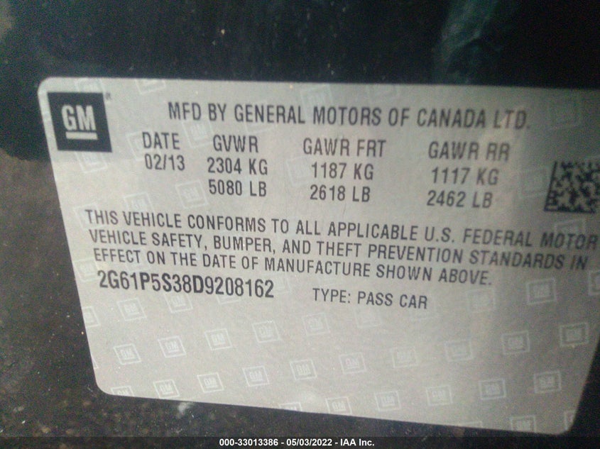 2013 CADILLAC XTS VIN: 2G61P5S38D9208162