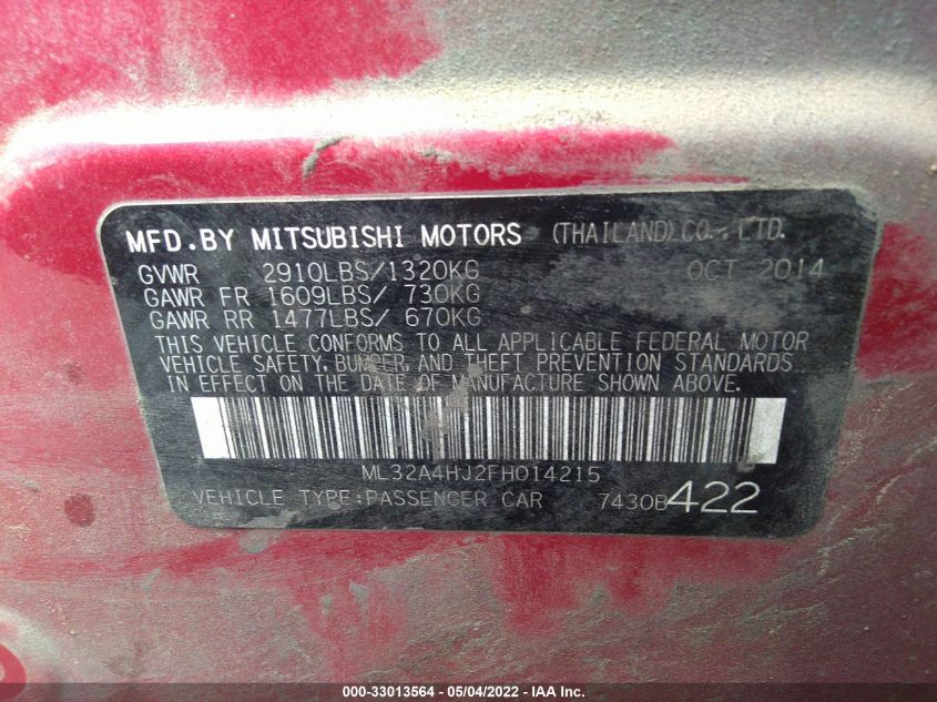 2015 MITSUBISHI MIRAGE ES ML32A4HJ2FH014215