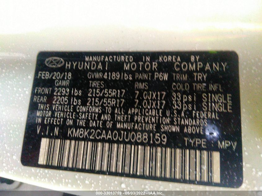 2018 HYUNDAI KONA SEL KM8K2CAA0JU088159