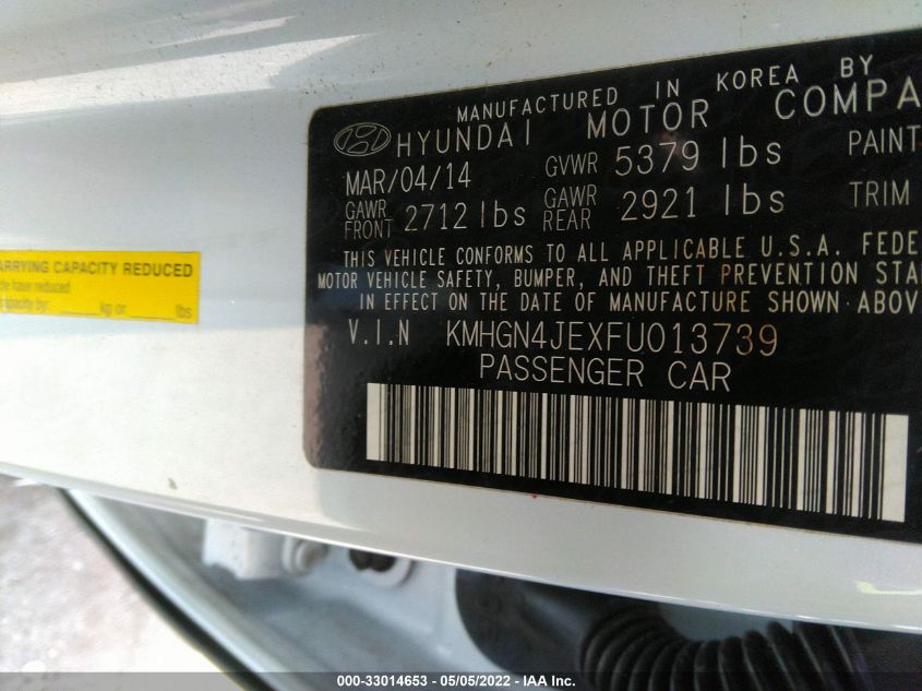 2015 HYUNDAI GENESIS 3.8L KMHGN4JEXFU013739