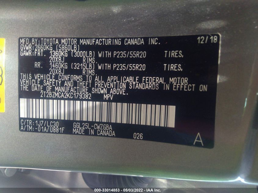 2019 LEXUS RX RX 350 2T2BZMCA2KC179382