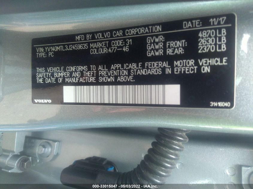 2018 VOLVO S60 DYNAMIC YV140MTL3J2459635