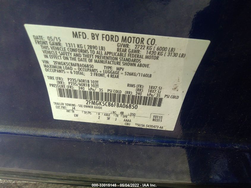 2015 FORD FLEX SEL 2FMGK5C86FBA06850