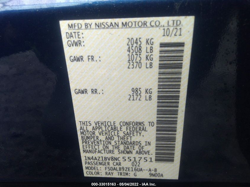 2022 NISSAN LEAF S 1N4AZ1BV8NC551751