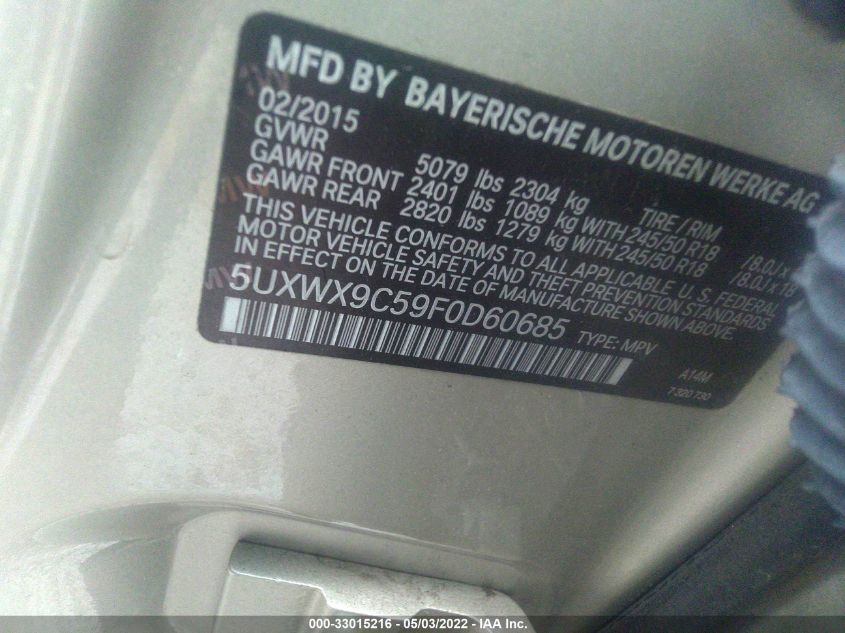 2015 BMW X3 XDRIVE28I 5UXWX9C59F0D60685