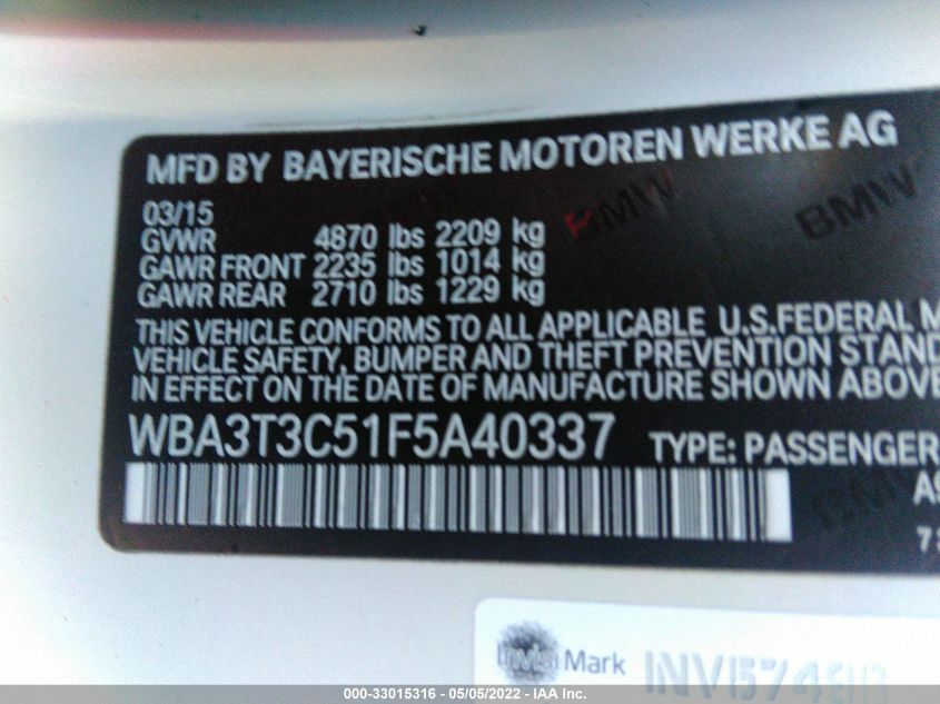 2015 BMW 4 SERIES 435I WBA3T3C51F5A40337