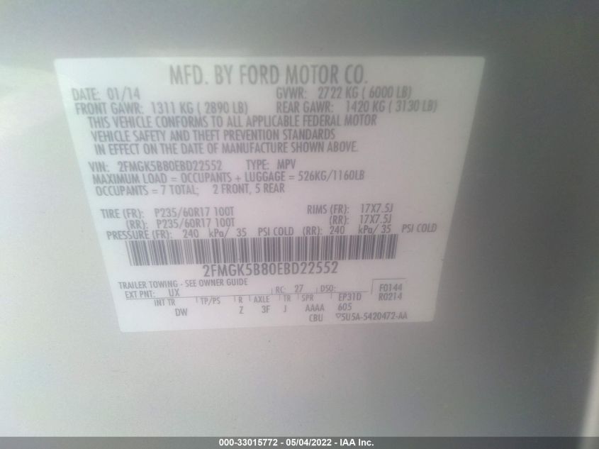 2014 FORD FLEX SE 2FMGK5B80EBD22552