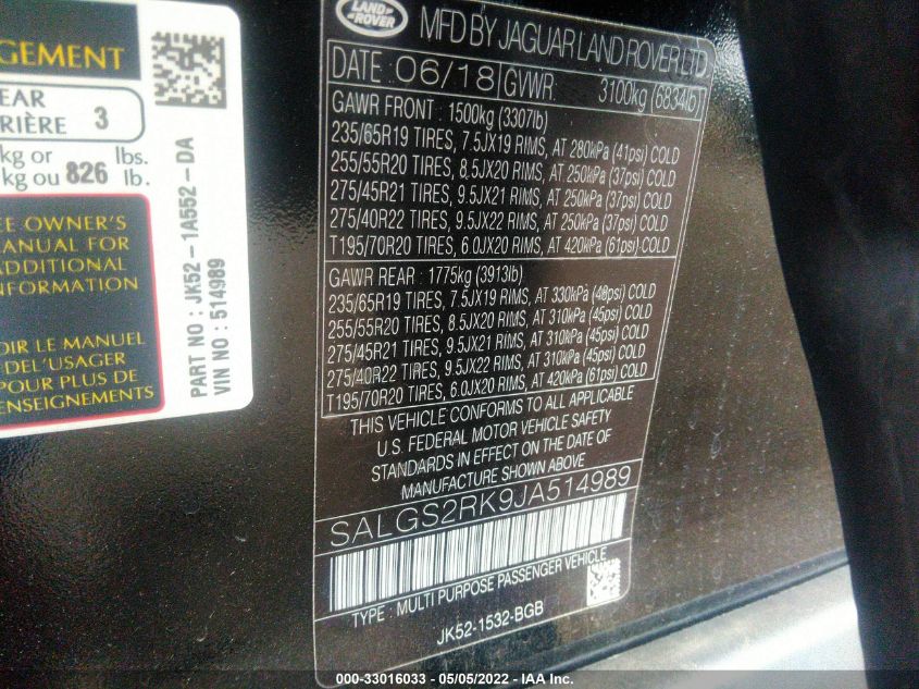 2018 LAND ROVER RANGE ROVER HSE SALGS2RK9JA514989