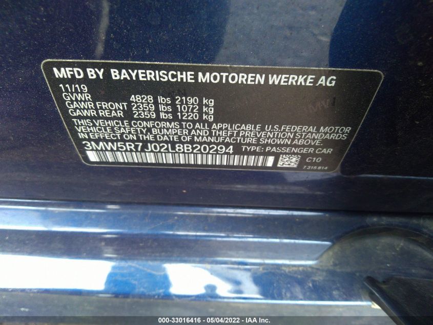 2020 BMW 3 SERIES 330I XDRIVE 3MW5R7J02L8B20294