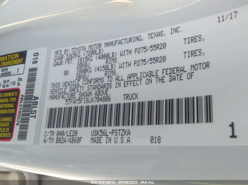 2018 TOYOTA TUNDRA 4WD SR5/LIMITED/PLATINUM 5TFAY5F18JX704806
