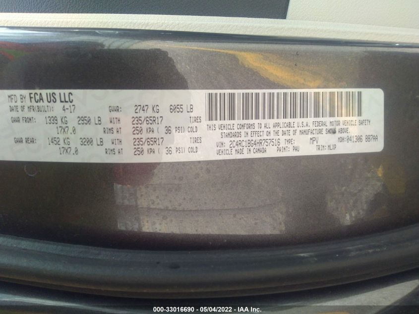 2017 CHRYSLER PACIFICA TOURING L 2C4RC1BG4HR757516