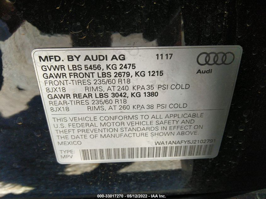 2018 AUDI Q5 PREMIUM WA1ANAFY5J2102791