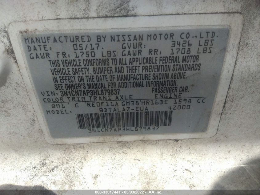 2017 NISSAN VERSA SEDAN S PLUS 3N1CN7AP3HL879837
