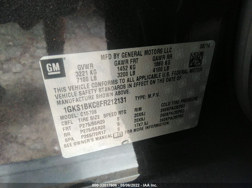 2015 GMC YUKON SLT 1GKS1BKC8FR212131