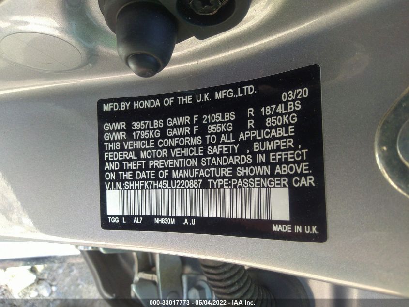 2020 HONDA CIVIC HATCHBACK SPORT SHHFK7H45LU220887
