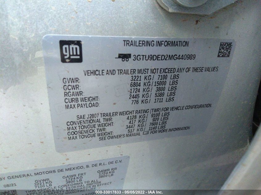 2021 GMC SIERRA 1500 SLT 3GTU9DED2MG440989