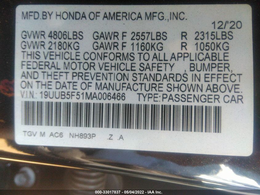 2021 ACURA TLX W/A-SPEC PACKAGE 19UUB5F51MA006466