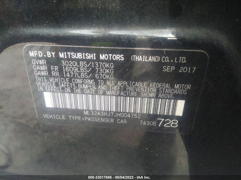 2018 MITSUBISHI MIRAGE ES ML32A3HJ7JH004752