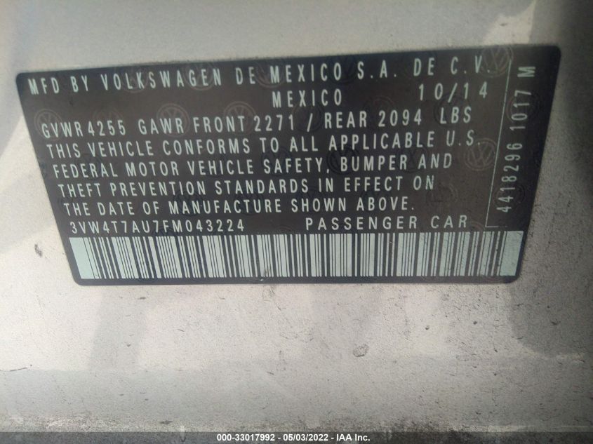 2015 VOLKSWAGEN GOLF GTI AUTOBAHN 3VW4T7AU7FM043224
