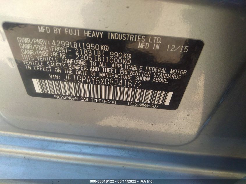 2016 SUBARU IMPREZA WAGON 2.0I SPORT LIMITED - JF1GPAY6XG8241672