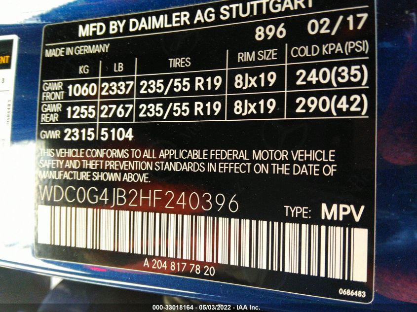 2017 MERCEDES-BENZ GLC GLC 300 WDC0G4JB2HF240396