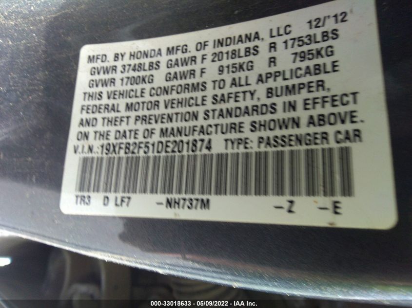 2013 HONDA CIVIC SDN LX 19XFB2F51DE201874