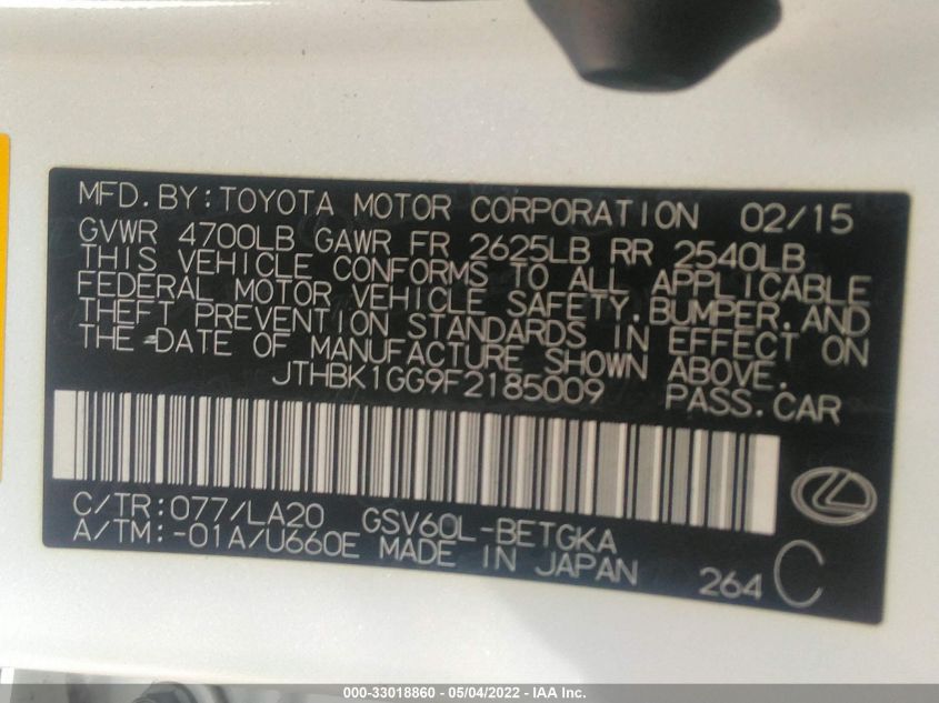 2015 LEXUS ES 350 JTHBK1GG9F2185009
