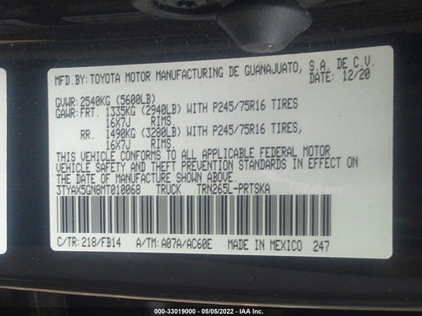 2021 TOYOTA TACOMA 2WD SR/SR5 3TYAX5GN8MT010068