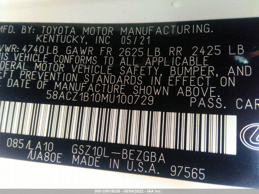 2021 LEXUS ES ES 350 58ACZ1B10MU100729